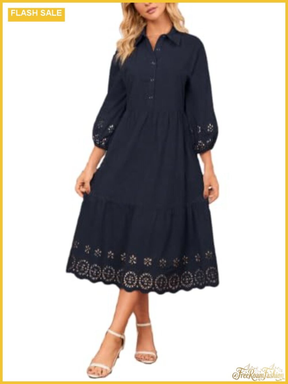 100% Cotton Eyelet Midi Dress Embroidered 3/4 Sleeve Pockets A-Line Casual